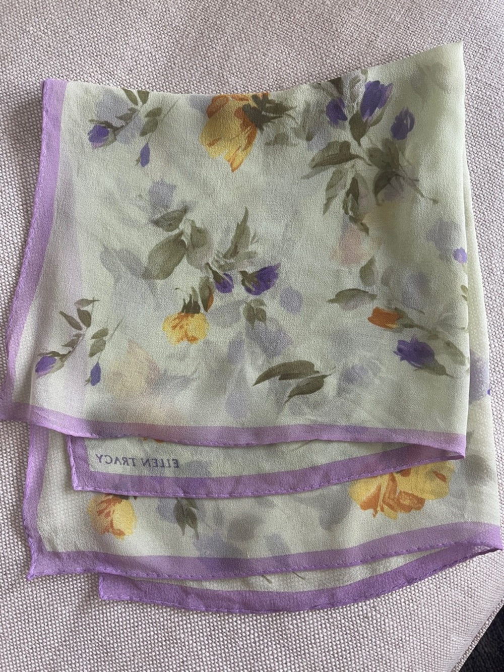 Ellen Tracy Pastel Floral Silk chiffon Scarf with Lavender Border